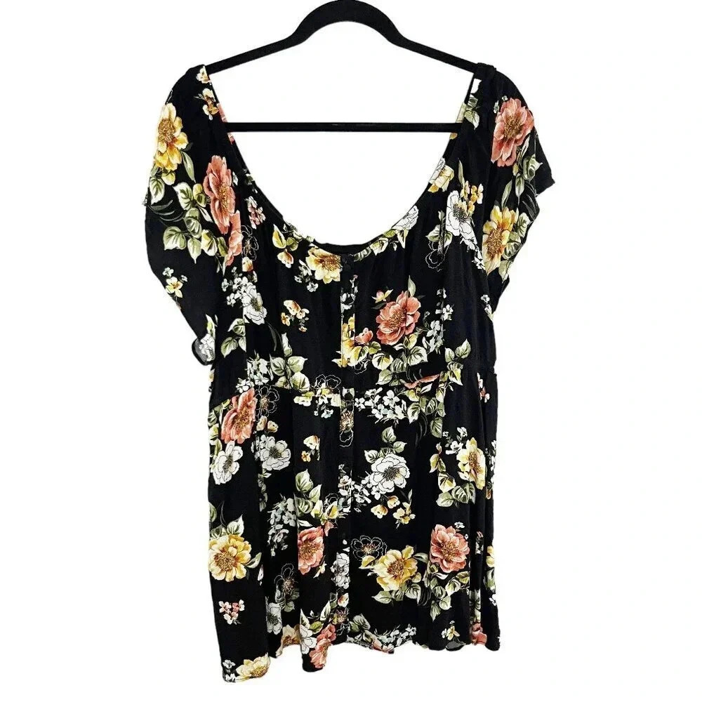 Torrid Black Floral Scoop Neck Button Front Babydoll Shirt Women's Plus Size 3X